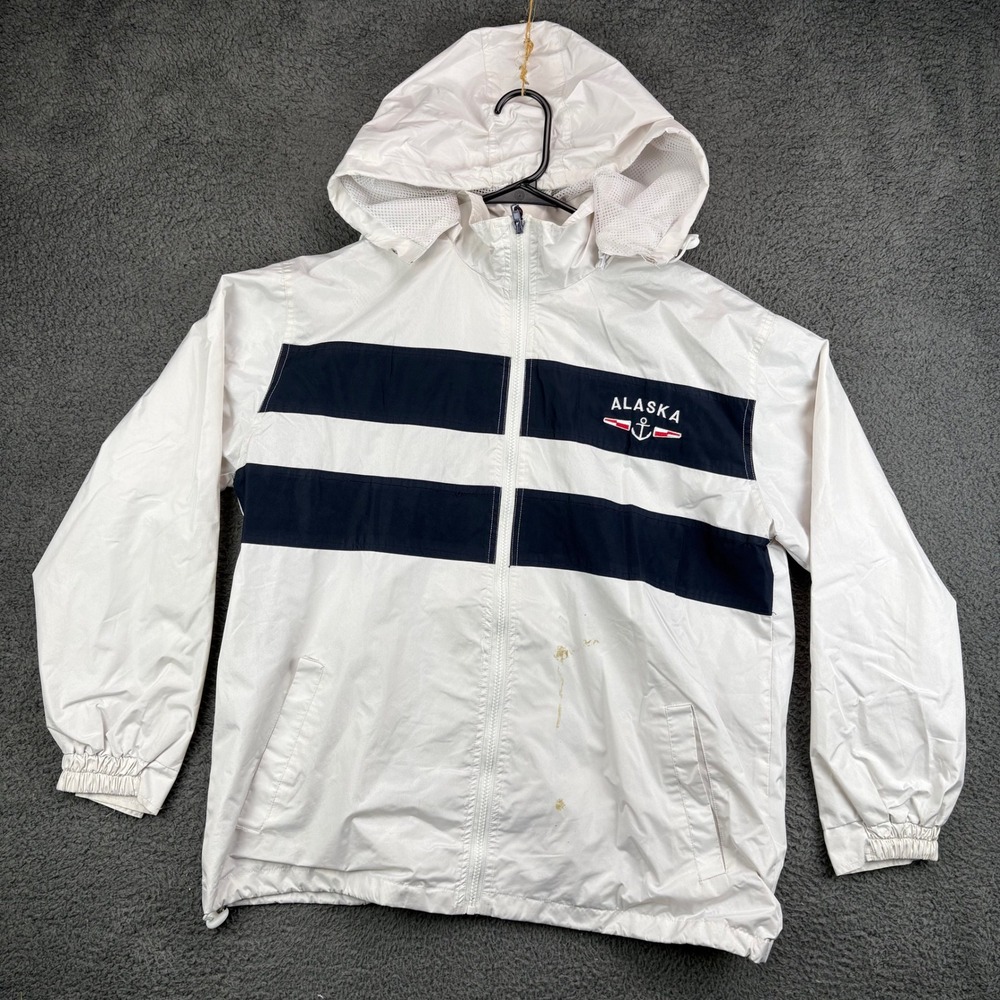 DIMCO APPAREL Mens Windbreaker Jacket White Navy‎ Stripe Alaska Anchor Logo M